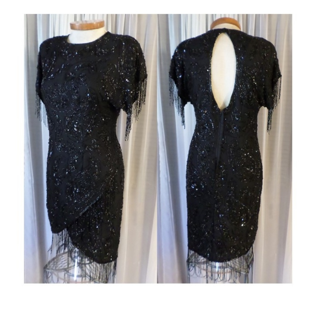 Vintage Laurence Kazar Silk Dress Black Fringe M